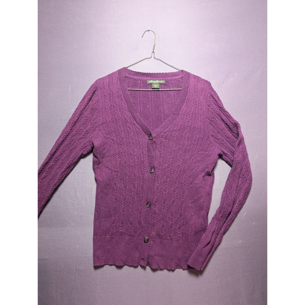 Eddie Bauer Cardigan Sweater Womens Medium Purple Speckled Knit Rib Button Front